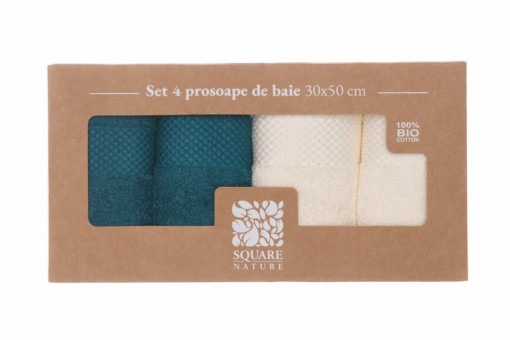 Set 4 prosoape de baie, bumbac organic 100%, 30 x 50 cm, Albastru Petrol/Crem - Img 4