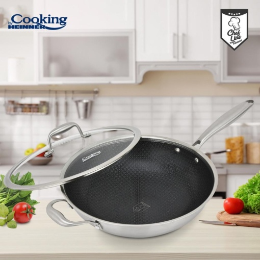 Tigaie WOK din inox cu capac, acoperire ceramica HONEYCOMB, dimensiune 30x8.5 cm, 4.5 l, Heinner Titanium HR-MRK-28W - Img 3