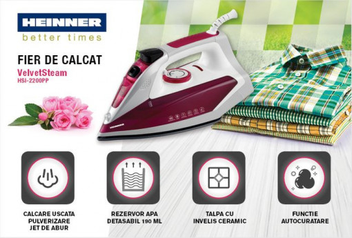 Fier de calcat Heinner VelvetSteam HSI-2200PP, 2400 W, rezervor apa detasabil 190 ml - Img 2