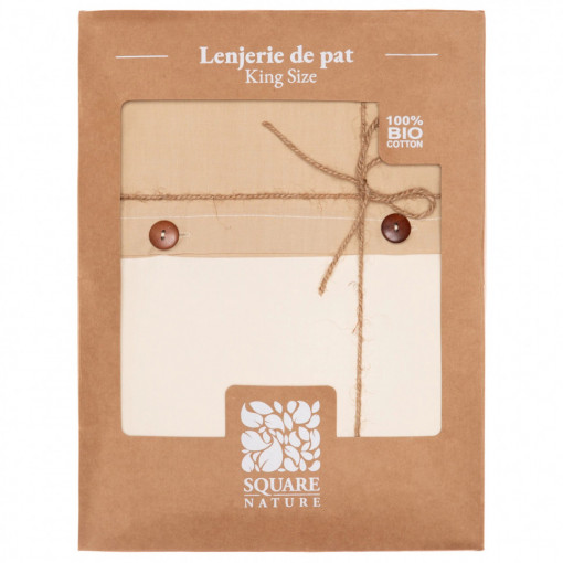 Lenjerie de pat pentru 2 persoane, Square Nature SN-KGBED200-BEJ, Bumbac organic 100% 200TC, crem - Img 5