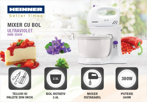 Mixer cu bol Heinner HMB-350UV, 300 W, Capacitate 2.5 l, 5 viteze, Alb/Violet - Img 4