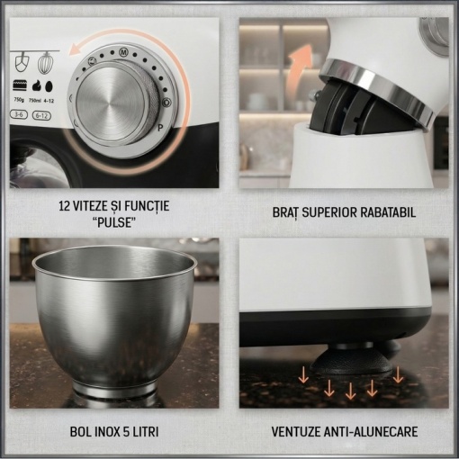 Mixer planetar Fram FPM-D1010WHBK, 1000 W, Bol inox 5 l, Angrenaj metalic, 12 viteze + pulse, Alb/Negru - Img 5