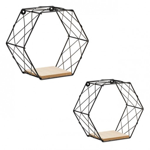 Set 2 rafturi decorative hexagonale, cadru metalic cu baza din lemn