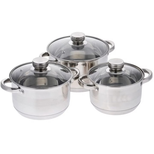 Set 3 oale din inox cu capace din sticla, capacitate 2.3 l, 3.2 l, 4.2 l