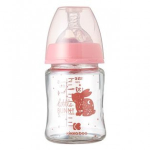 Biberon de Sticla cu Tetina din Silicon, 150 ml, Kikka Boo Pink Bunny