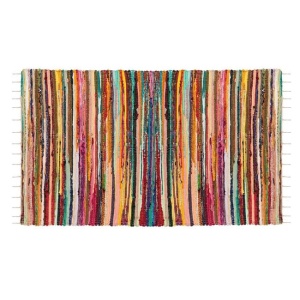 Covoras decorativ tesut cu franjuri din bumbac, dimensiune 120 x 90 cm, Multicolor