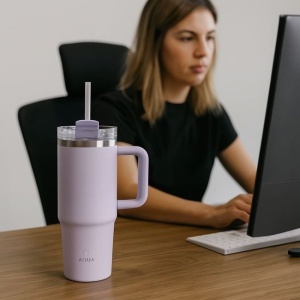 Pahar termos cu maner si pai, capacitate 900 ml, Lila - Img 2