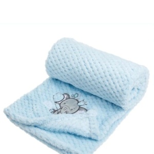 Patura catifelata pentru bebelusi, model brodat, dimensiune 100x75 cm, Albastra cu elefant - Img 3