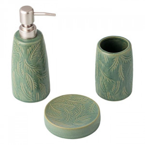 Set ceramic 3 piese pentru baie, model Frunze, Verde menta