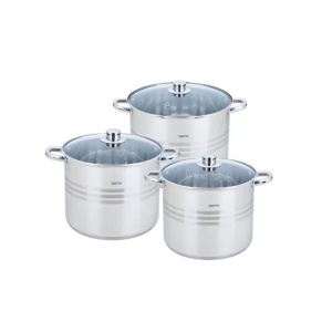 Set pentru gatit cu 6 piese, oale din inox, capace din sticla, capacitate 4.3l, 5.6l, 7.2 l