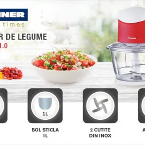 Tocator de legume, Heinner HMC-K500WHR, bol sticla 1l, angrenaj metalic, Putere 500W - Img 2