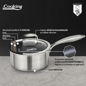 Caserola din inox cu capac, acoperire ceramica HONEYCOMB, dimensiune 16x8.5 cm, 1.6 l, Heinner Titanium MRK-16 - Img 2