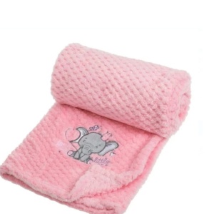 Patura catifelata pentru bebelusi, model brodat, dimensiune 100x75 cm, Roz cu elefant - Img 3