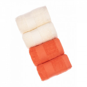 Set 4 prosoape de baie, bumbac organic 100%, 30x50 cm, Coral/Crem - Img 1