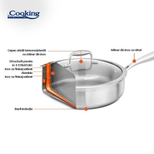Tigaie adanca din inox cu capac, 3 straturi, dimensiune 28x7.5 cm, Heinner HR-MRK-3A28 - Img 8