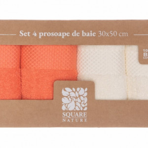 Set 4 prosoape de baie, bumbac organic 100%, 30x50 cm, Coral/Crem - Img 5