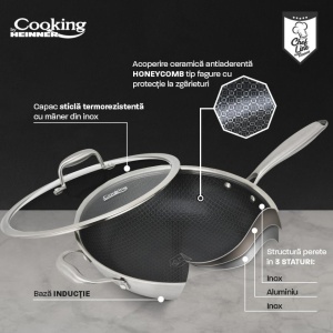 Tigaie WOK din inox cu capac, acoperire ceramica HONEYCOMB, dimensiune 30x8.5 cm, 4.5 l, Heinner Titanium HR-MRK-28W - Img 7