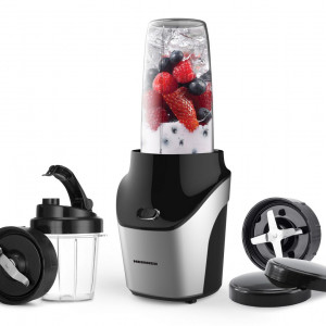 Blender sport Heinner Vitamiser 1000 HSB-T1000SS, 1000W, recipiente Tritan fara BPA 1/0.45L, rasnita inclusa, buton ON/OFF, 18000RPM, lame din inox, 2 capace suplimentare, carcasa din inox, argintiu/negru - Img 2