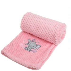 Patura catifelata pentru bebelusi, model brodat, dimensiune 100x75 cm, Roz cu elefant