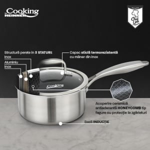 Caserola profesionala din inox cu capac, 3 straturi, acoperire ceramica Honeycomb,rezistenta la zgarieturi, baza inductie, Heinner Titanium MRK-18 - Img 5