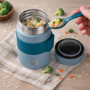 Caserola termica cu lingura, capacitate 450 ml, Albastra - Img 1