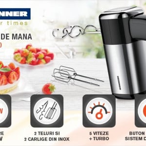 Mixer de mana Heinner HM-B400 400 W, 5 trepte de viteza, Turbo, teluri si carlige din inox, Negru/Argintiu - Img 2