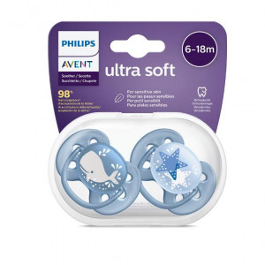 Set 2 suzete Philips-AVENT Ultra Soft SCF223/03, ultramoale si flexibila, pentru pielea sensibila a bebelusului, ortodontica, 6-18 luni, Albastru
