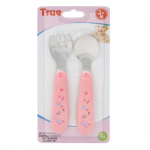 Set Lingura Furculita Metalica cu maner din plastic, fara BPA, Roz - Img 2