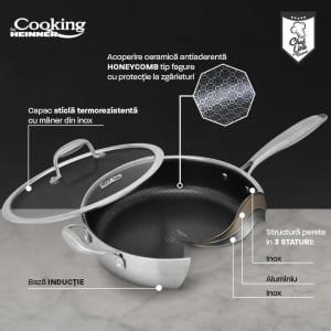 Tigaie adanca cu capac din inox, acoperira ceramica Honeycomb, dimensiune 24x6.5 cm, Heinner Titanium MRK-26C - Img 4