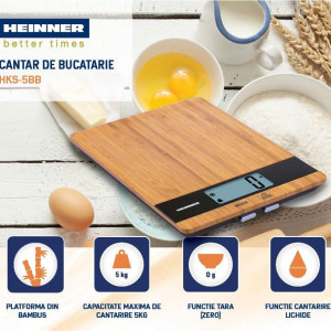 Cantar de bucatarie Heinner Bamboo 5 HKS-5BB, platforma din bambus, capacitate 5 kg, functie cantarire lichide, Maro - Img 2