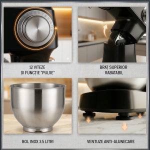 Mixer planetar cu bol Heinner HPM-D750BK, 600W, 12 viteze, bol inox 3.5L, accesorii tel, paleta si carlig, negru - Img 3