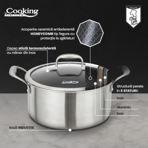 Semioala din inox cu capac, dimensiune 20x10 cm, 2.8l, acoperire ceramica HONEYCOMB, Heinner Titanium MRK-20 - Img 4