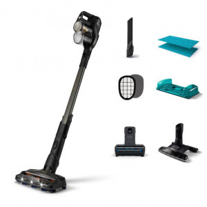 Aspirator vertical 3-in-1 Philips XC8347 cu mop integrat, seria 8000 Aqua + , 21.9 kWh/an, tehnologia PowerCyclone 10, cap de aspirare cu putere dubla, cap de aspirare cu LED, baterie de 25.2V, pana la 80 min de functionare*, negru/gri