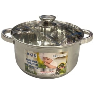 Cratita din inox cu capac, capacitate 4.2 l, diametru 22 cm, fund dublu, baza inductie, ROD 16448