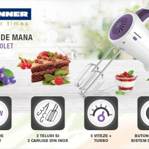 Mixer de mana Heinner HM-250UV, 200 W, 5 viteze, accesorii inox, Violet - Img 2