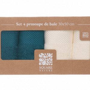 Set 4 prosoape de baie, bumbac organic 100%, 30 x 50 cm, Albastru Petrol/Crem - Img 4