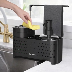 Suport organizator pentru chiuveta, dimensiune 23x10x24.5 cm, suport pentru detergent si burete, Negru - Img 1