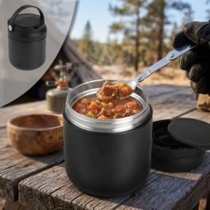 Caserola termos cu lingura, capacitate 600 ml, Neagra - Img 3
