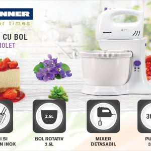 Mixer cu bol Heinner HMB-350UV, 300 W, Capacitate 2.5 l, 5 viteze, Alb/Violet - Img 4