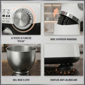 Mixer planetar Fram FPM-D1010WHBK, 1000 W, Bol inox 5 l, Angrenaj metalic, 12 viteze + pulse, Alb/Negru - Img 5
