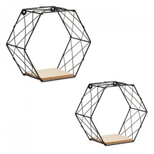 Set 2 rafturi decorative hexagonale, cadru metalic cu baza din lemn - Img 1