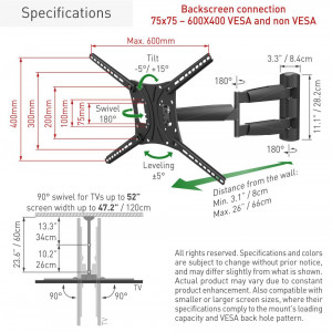 Suport TV plat/curbat de perete cu 2 brate Barkan BM443LP, 13"- 83", Max 50kg, VESA 600x400, negru - Img 2