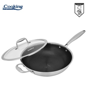 Tigaie WOK din inox cu capac, acoperire ceramica HONEYCOMB, dimensiune 30x8.5 cm, 4.5 l, Heinner Titanium HR-MRK-28W