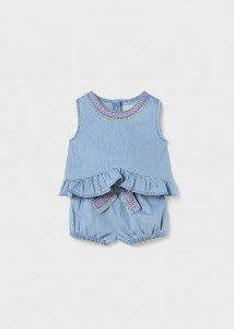 set vara fete denim - material  bumbac sustenabil, bluza si pantalon scurt - producator Mayoral