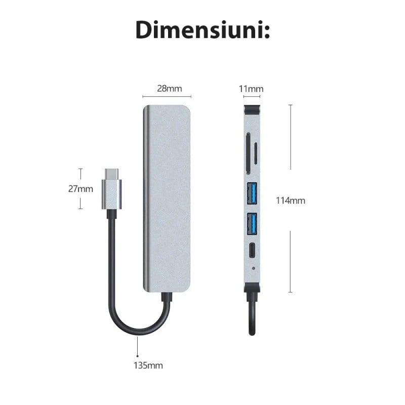 Adaptor Hub Multifunctional 6 In 1 Techstar® ZFZ6IN1A, HDMI 4K, USB-C, 1 X USB 3.0, 1 X USB 2.0, Cititor De Carduri SD/TF, PD Port, Aliaj De Aluminiu, Argintiu - 2 | YEO