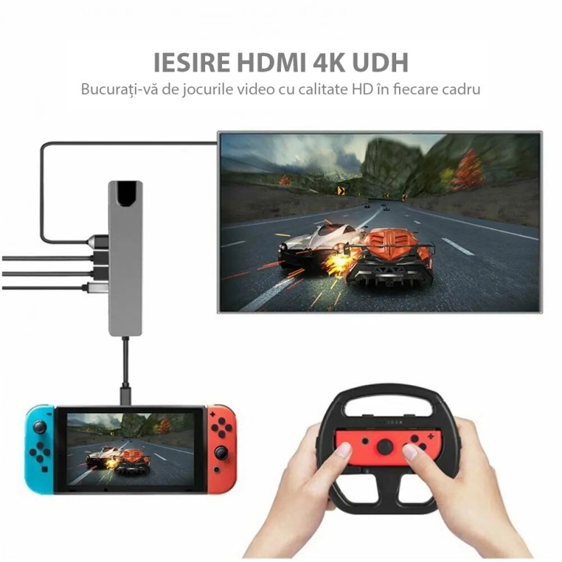 Poze Adaptor Hub Multifunctional 6 In 1 Techstar® ZFZ6IN1B, HDMI 4K, USB-C, 1 X USB 3.0, 1 X USB 2.0, LAN RJ45 Ethernet, Cititor de carduri SD/TF, PD Port, Argintiu