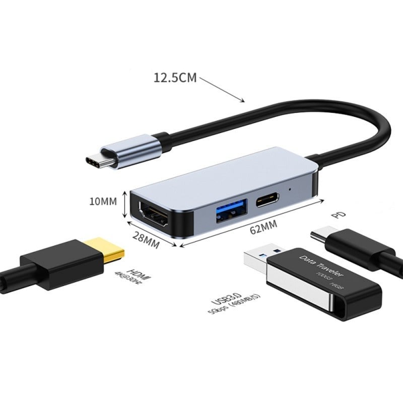 Adaptor multifunctional 3 in 1 USB-C la HDMI Techstar® CYC3IN1, HDMI 4K, 1 x USB 3.0, Compatibil MacBook Air si MacBook Pro, PD Port, Gri - 1 | YEO