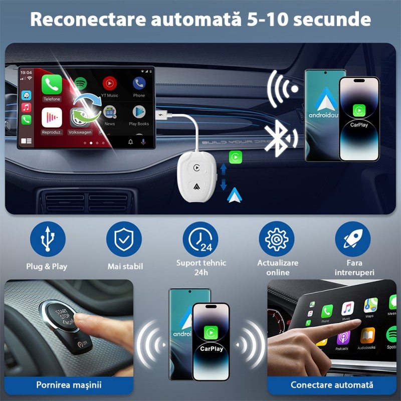 Adaptor Wireless Techstar® THT-020-9-1 Pentru Apple CarPlay Si Android Auto, Dongle USB-Type-C , WiFi 5G, Bluetooth, Conectare Automata, Alb - 3 | YEO