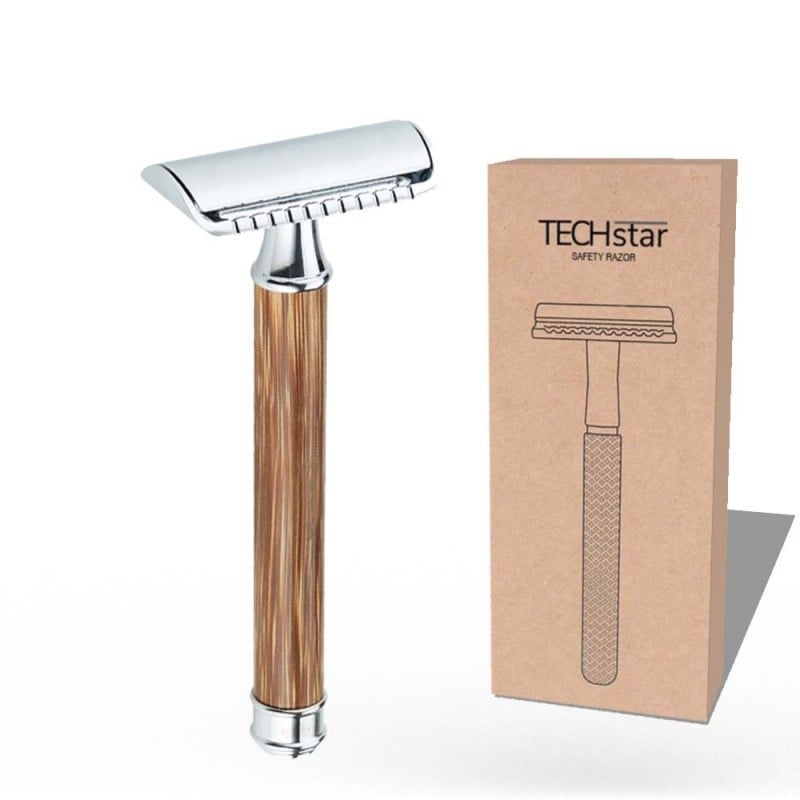 Aparat de ras Classic Safety Razor Techstar® SR12, Aliaj de Zinc, Cu Lame De Rezerva, Reutilizabil, Ecologic, Maner Bambus, Argintiu - 2 | YEO