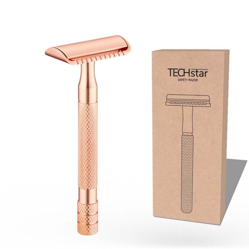 Aparat de ras Classic Safety Razor Techstar® SR2, Aliaj de Zinc, Cu Lame De Rezerva, Reutilizabil, Ecologic, Rose Gold - 1 | YEO